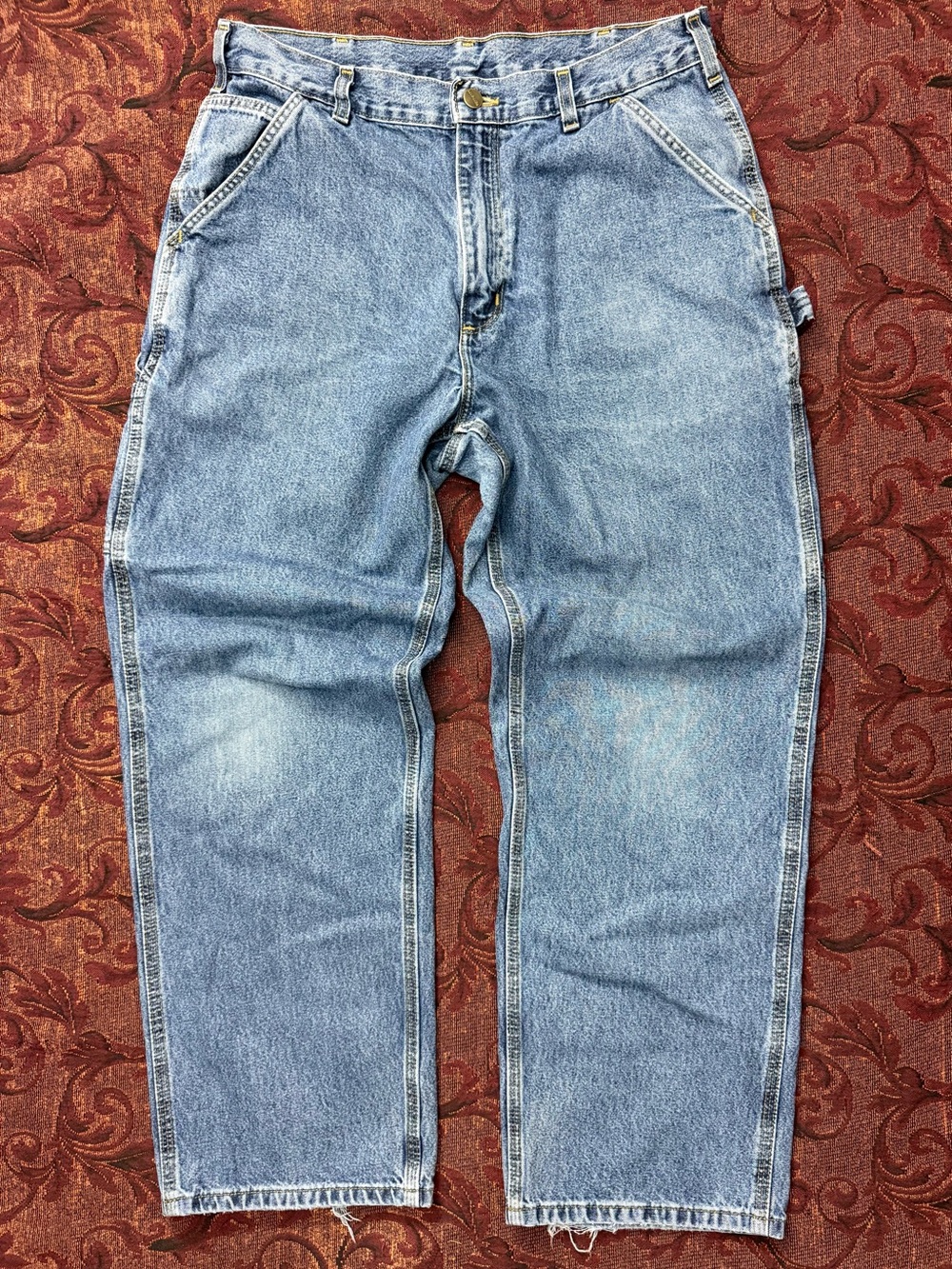VTG Carhartt Carpenter Jeans Leather Patch Faded Baggy Workwear Denim